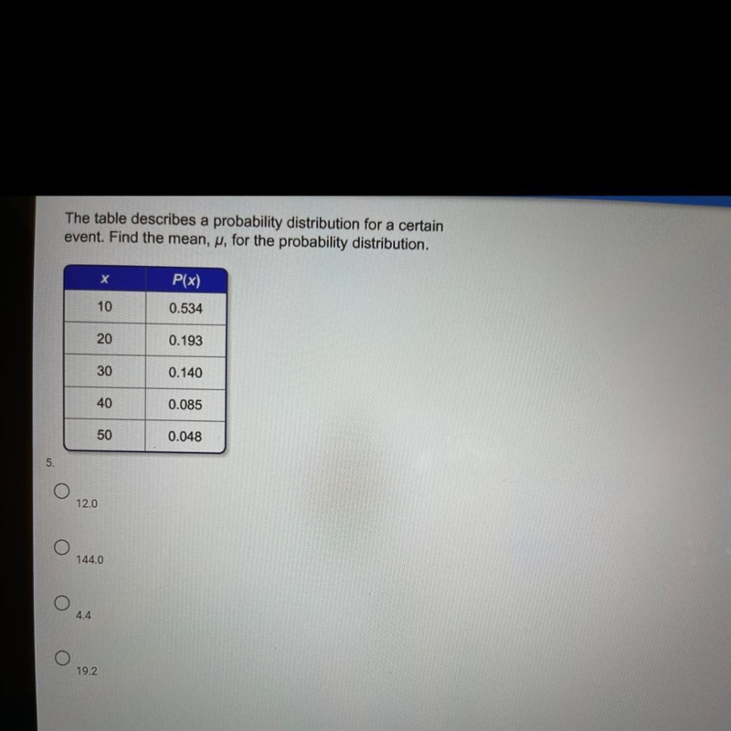 The table describes a probability distribution for a certain event. Find the mean-example-1