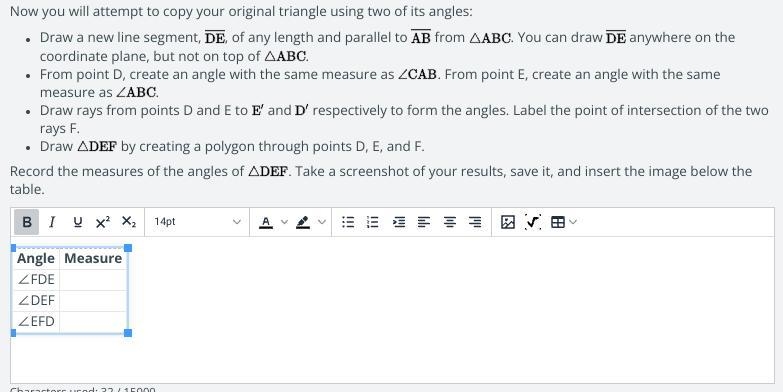 Now you will attempt to copy your original triangle using two of its angles:-example-1