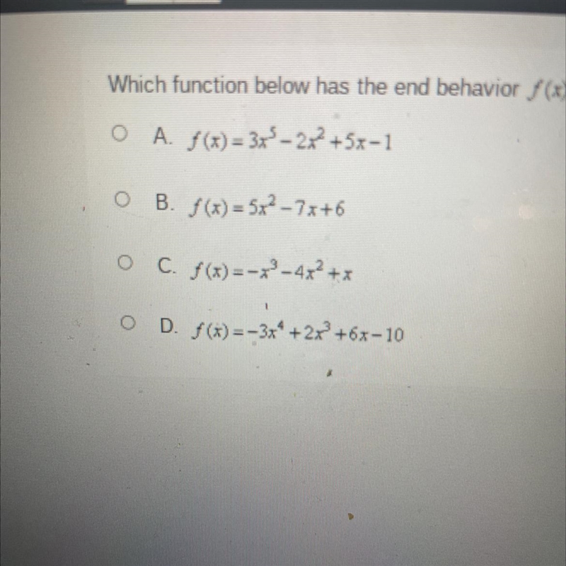 Which function below has the end behavior f(x) →-infinity as x → infinity and f (x-example-1