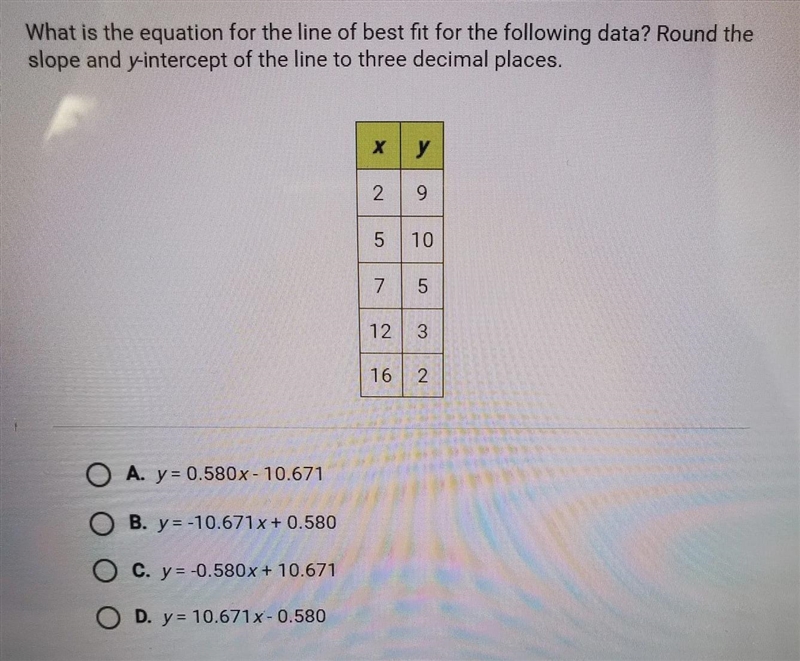 what is the equation for the line of best fit for the following data? round the slope-example-1