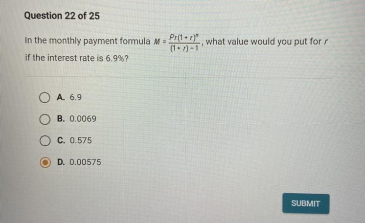 In the monthly payment formula M = P1(1+1)", what value would you put for r(1 + r-example-1