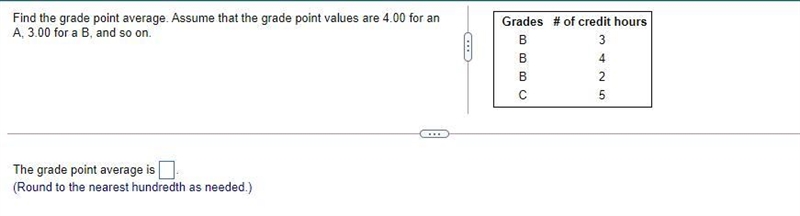 The grade point average is ____(Round to the nearest hundredth as needed.)-example-1