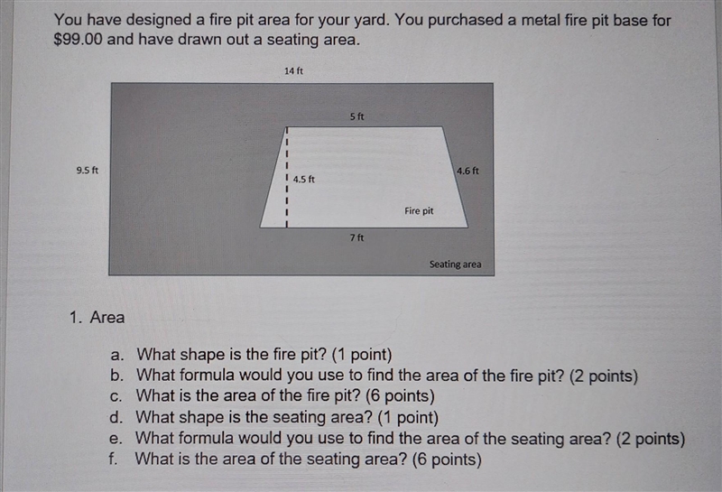 A .what shape is the fire pit? b what formula would you use to find the area of the-example-1