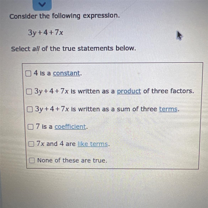 Consider the following expression: 3y+4+7x-example-1