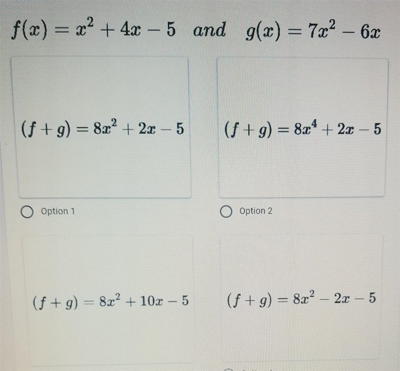 Find each new function in simplest form f+gWhich of the four options is it?-example-1