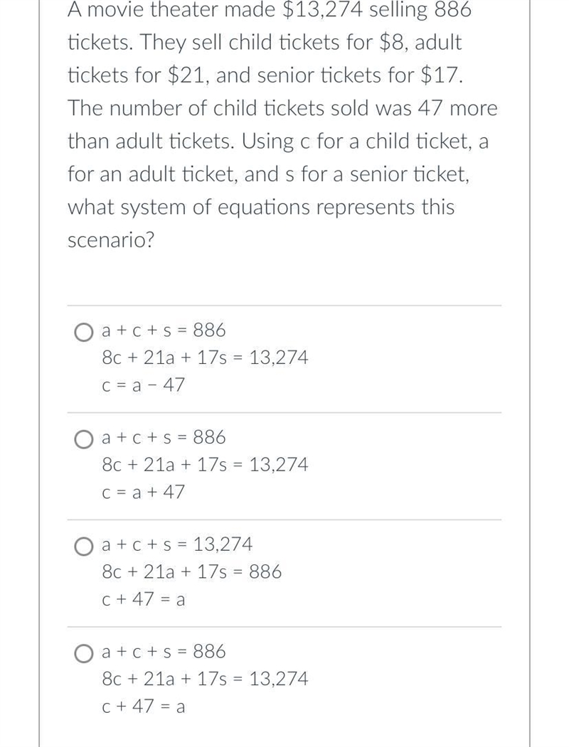 A movie theater made $13,274 selling 886 tickets. They sell child tickets for $8, adult-example-1