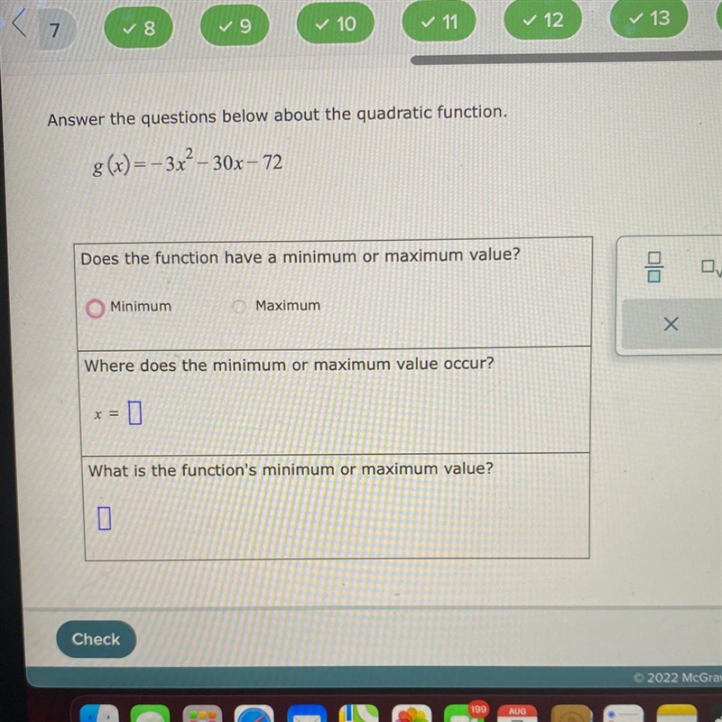 Answer the questions below about the quadratic function.g(x)=-3x²-30x-72Does the function-example-1