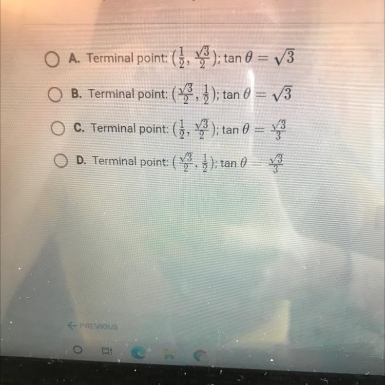 On a unit circle, 0 = 30°. Identify the terminal point and tan e.-example-1