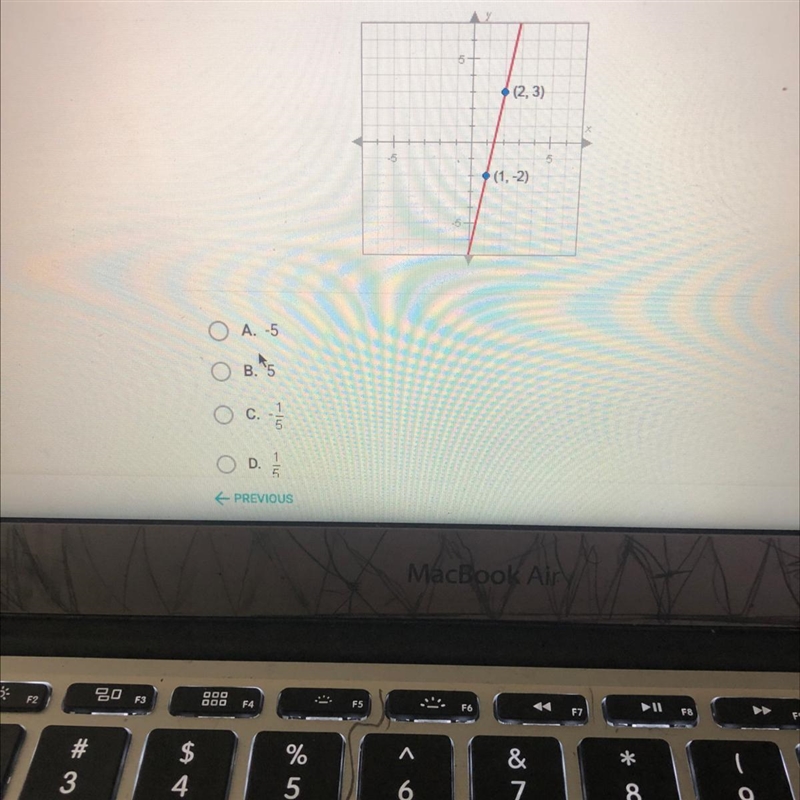 What is the slope of the line graphed below?(2,3)(1,2)O A. -5O B. 95OC.ODPREVIOUS-example-1