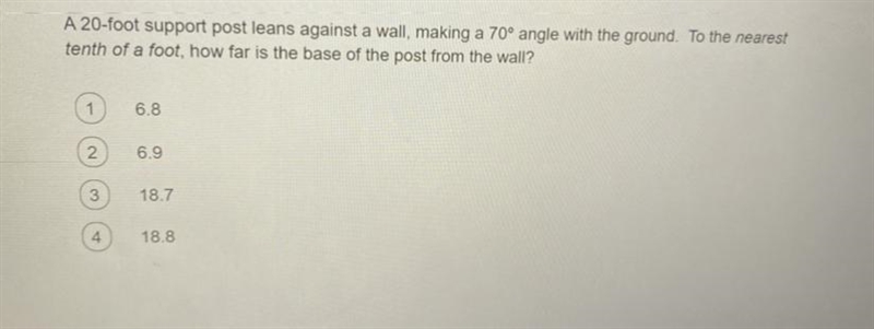 A 20-foot support post leans against a wall, making a 70° angle with the ground. To-example-1