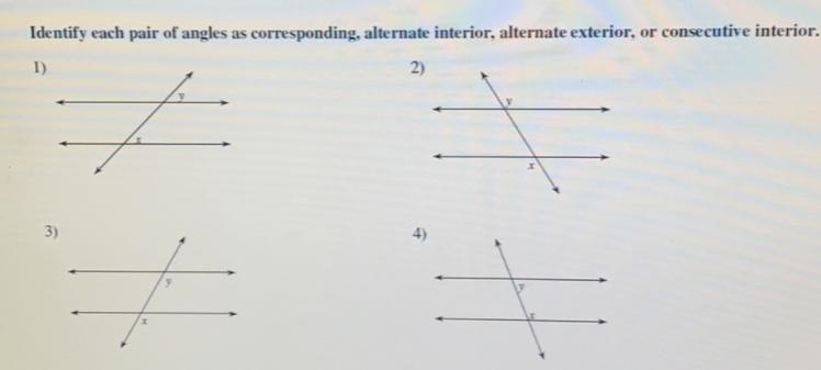 Identify each pair of angles as corresponding, alternate interior, alternate exterior-example-1