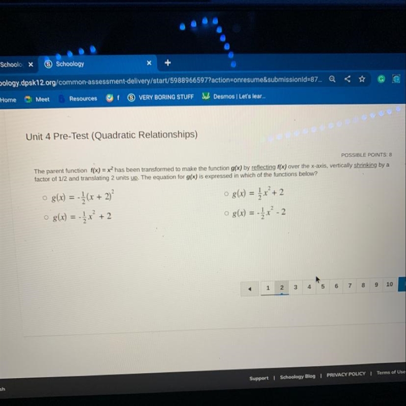 The parent function f(x)=x2 has been transformed to make the function g(x) by reflection-example-1