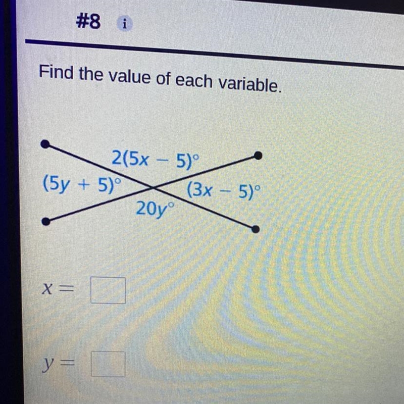 Find the value of each variable. x = _____ y = _____-example-1