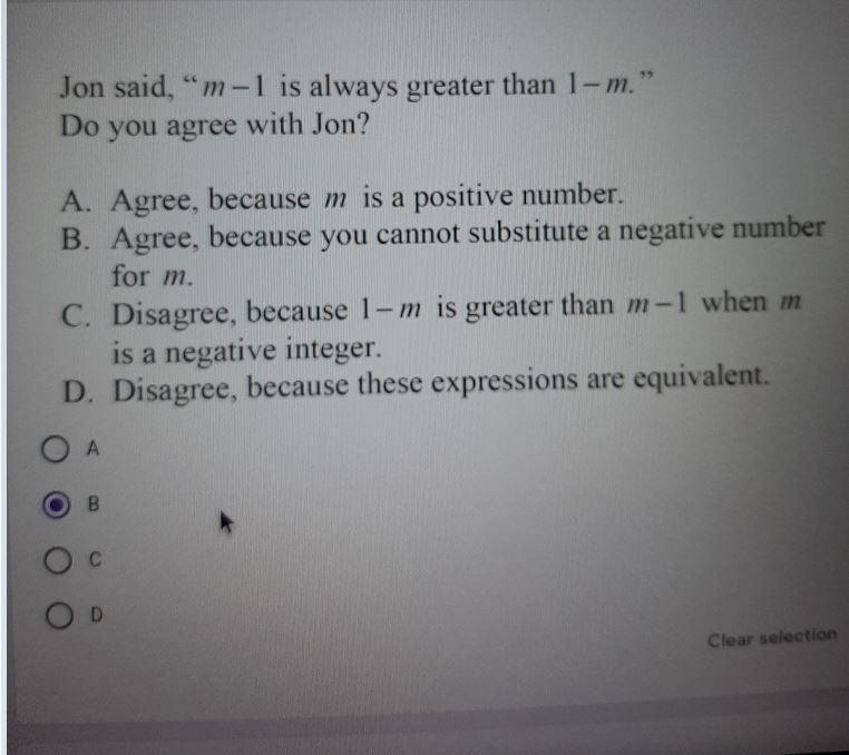 Jon said, “m-1 is always greater than 1-m. Do you agree with Jon? LIURE DOMPE DI EL-example-1