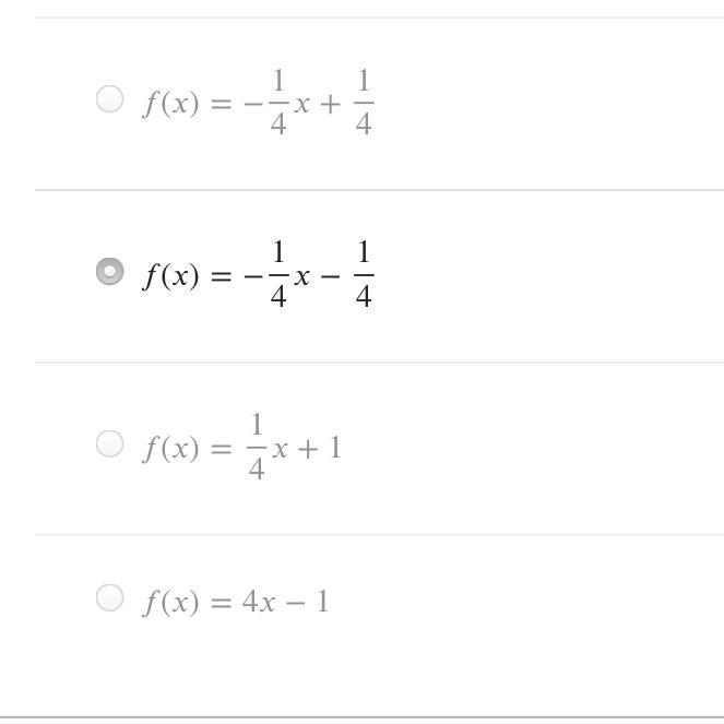 Letℎ()h(x)be the inverse of()f(x). Ifℎ()=−4+1h(x)=−4x+1, which of the following represents-example-1