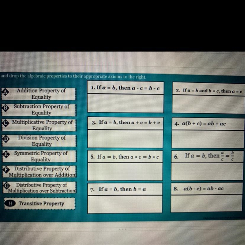 Drag and drop the algebraic properties to their appropriate axioms to the right.-example-1