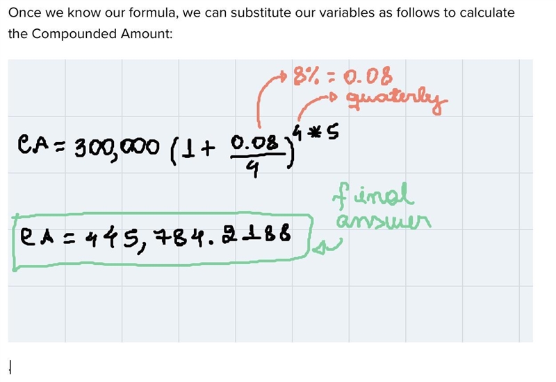 Calculate the compound amount of ₱300,000 invested at 8% interest compounded quarterly-example-2