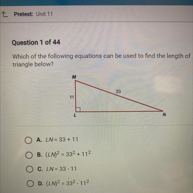 Which of the following equation can be used to find the length of LN in the triangle-example-1