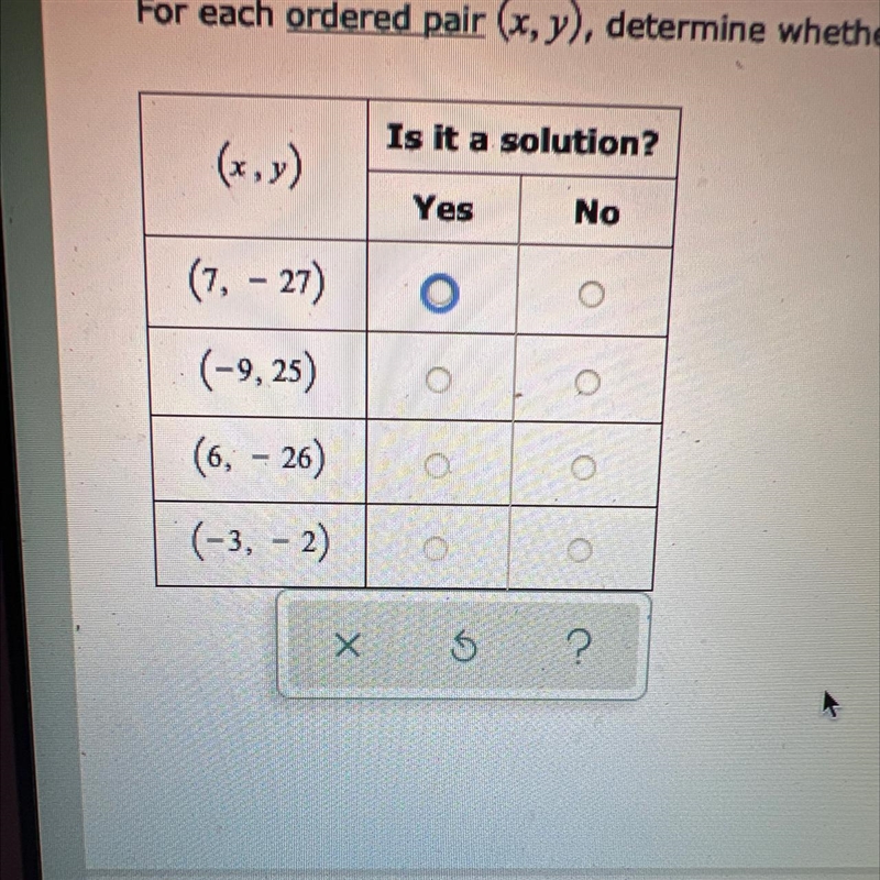 For each ordered pair (x,y) determine whether it is a solution to the inequality y-example-1