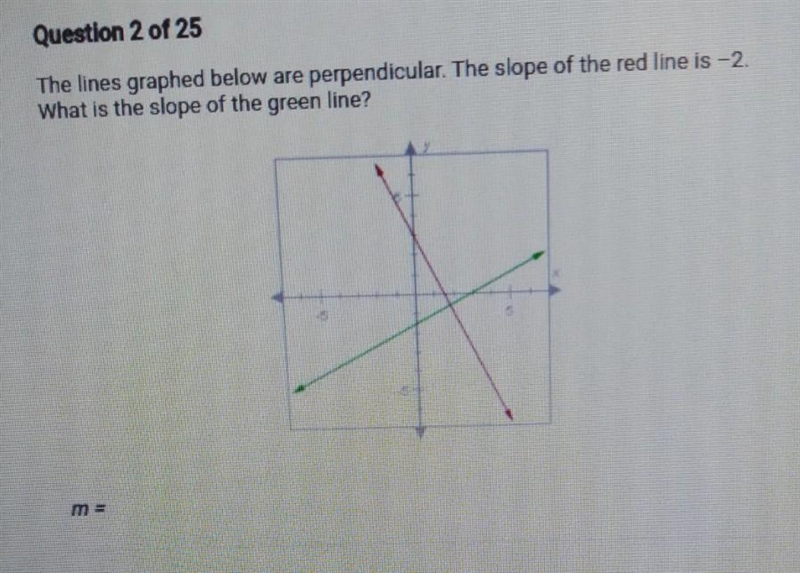 The lines graphed below are perpendicular. The slope of the red lineis-2 What is the-example-1