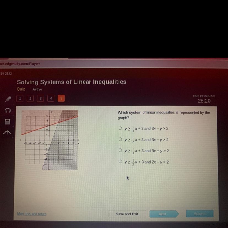 134224454321₁ de dCHHERWhich system of linear inequalities is represented by thegraph-example-1