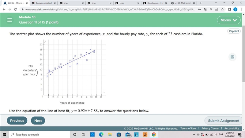 The scatter plot shows the number of years of experience-example-1