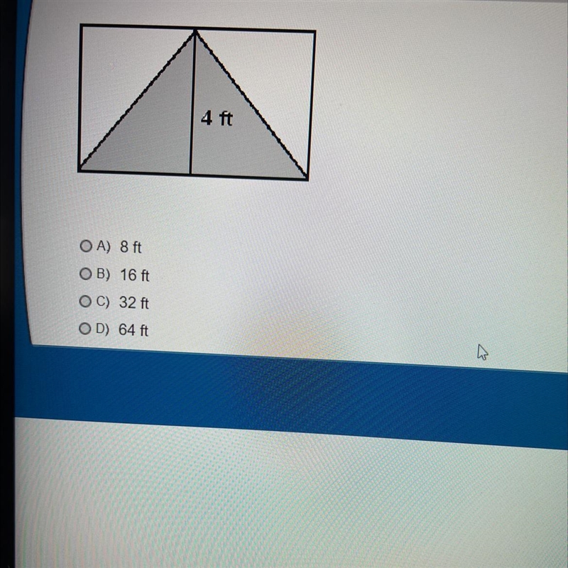 What is the measure of the base of the rectangle if the area of the triangle is 32 ft-example-1