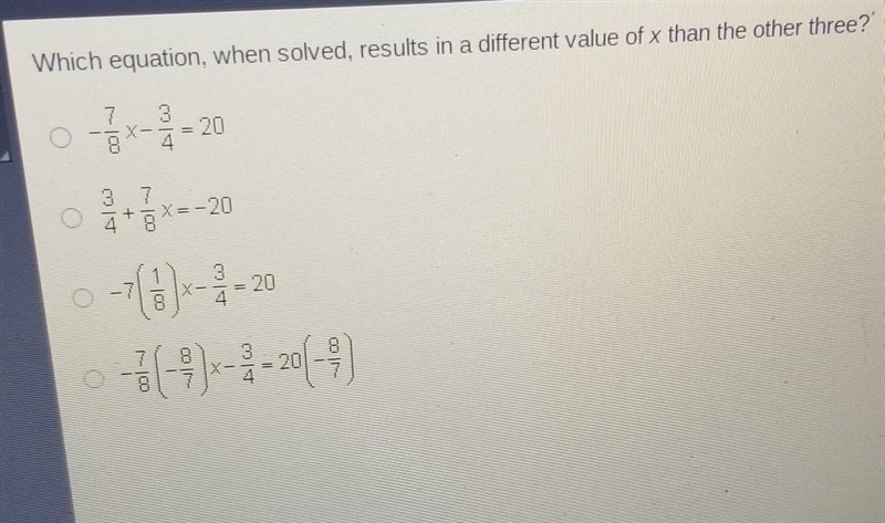 i Which equation, when solved, results in a different value of x than the other three-example-1