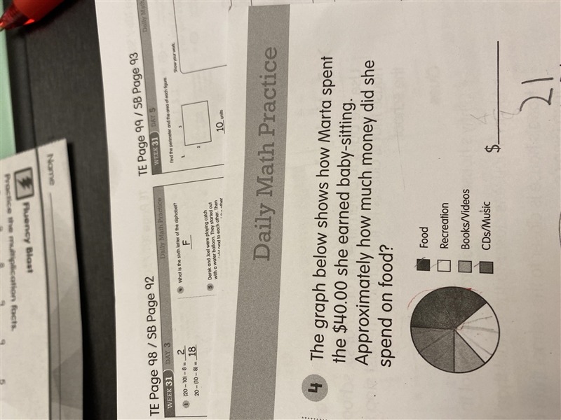 Daily Math Practice4The graph below shows how Marta spentthe $40.00 she earned baby-example-1