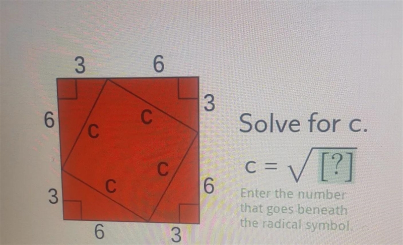 Solve for c.C= [?]Enter the numberthat goes beneaththe radical symbol.-example-1