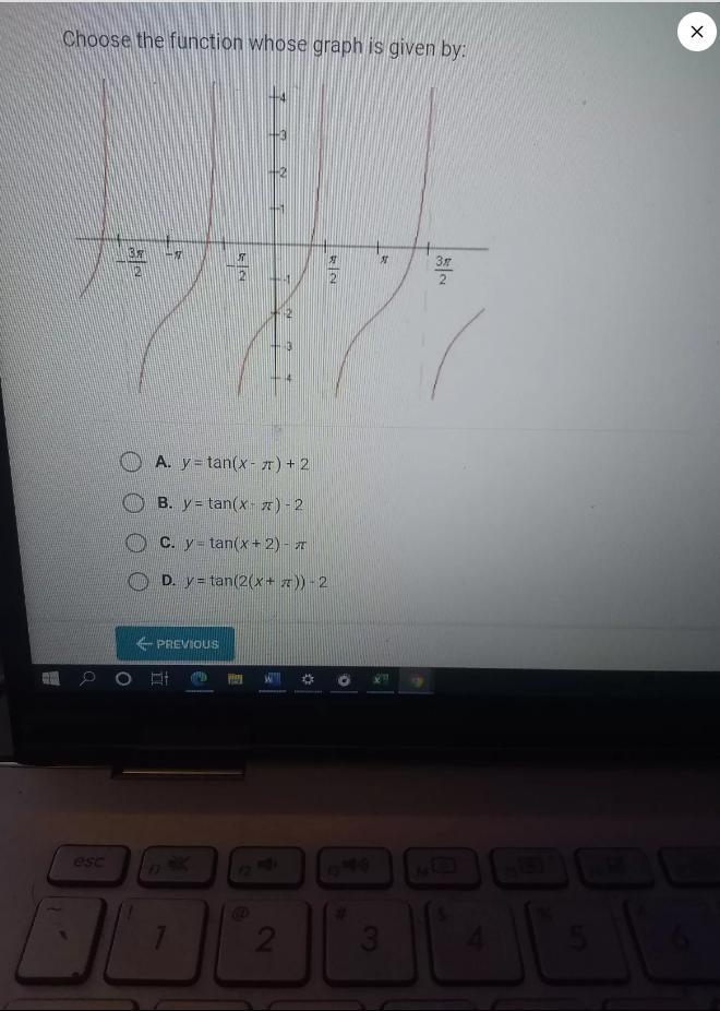 Choose the function whose graph is given by: -3 -2 1 39 2 쪽 35 - 2 / 2 1 2 2 3 O A-example-1