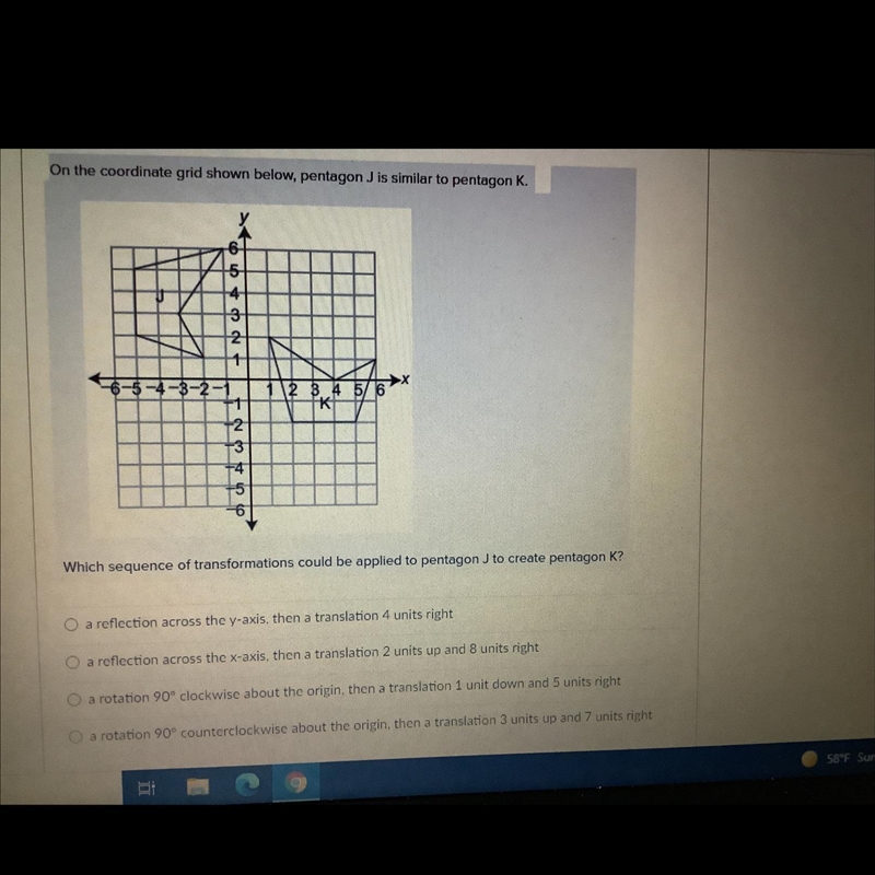 Which sequence of transformation could be applied to pentagon J to create pentagon-example-1