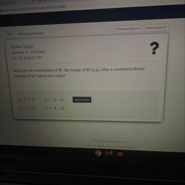 What are the coordinates of M', the image of M (2,4), after a counterclockwiserotation-example-1