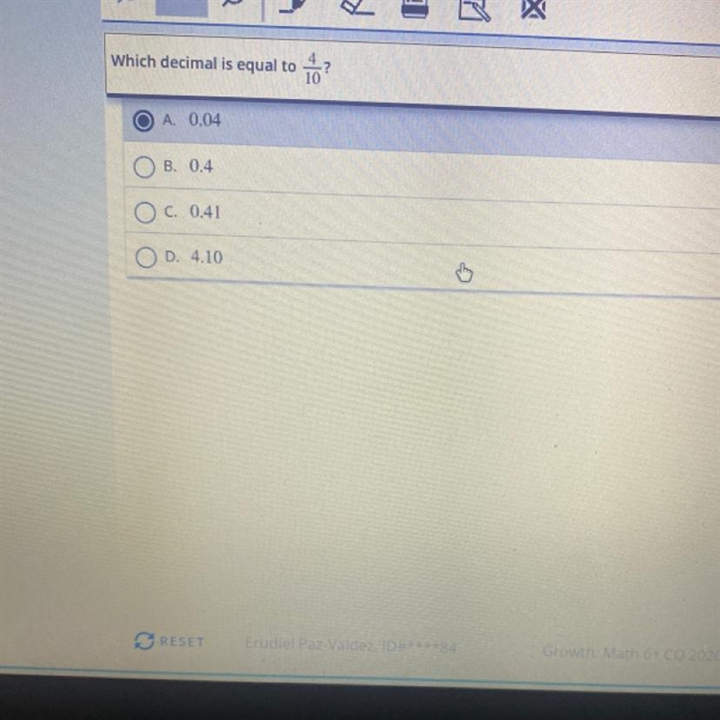 Which decimal is equal to 42 ? 10 A. 0.04 B. 0.4 O c. 0.41 O D. 4.10-example-1