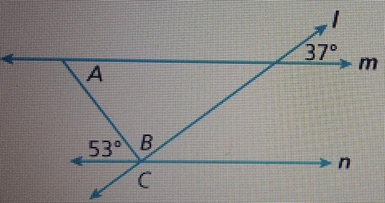 A figure with parallel lines m and n is shown what are the measures of angles A, B-example-1