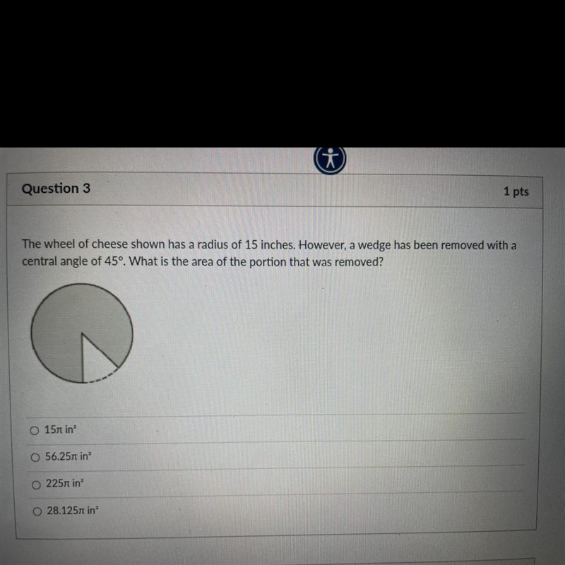 The wheel of cheese shown has a radius of 15 inches. However, a wedge has been removed-example-1