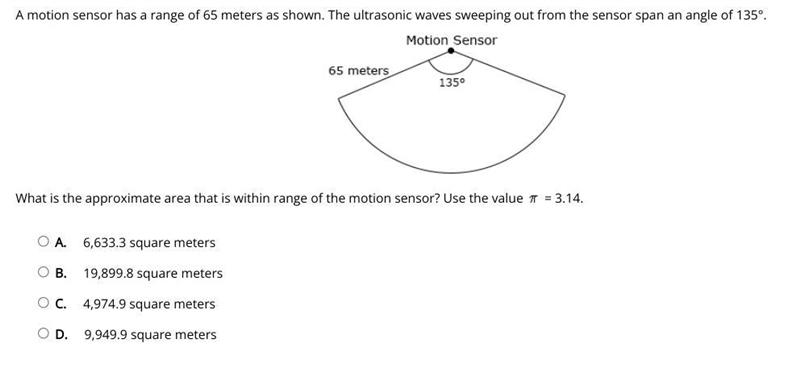 A motion sensor has a range of 65 meters as shown. The ultrasonic waves sweeping out-example-1