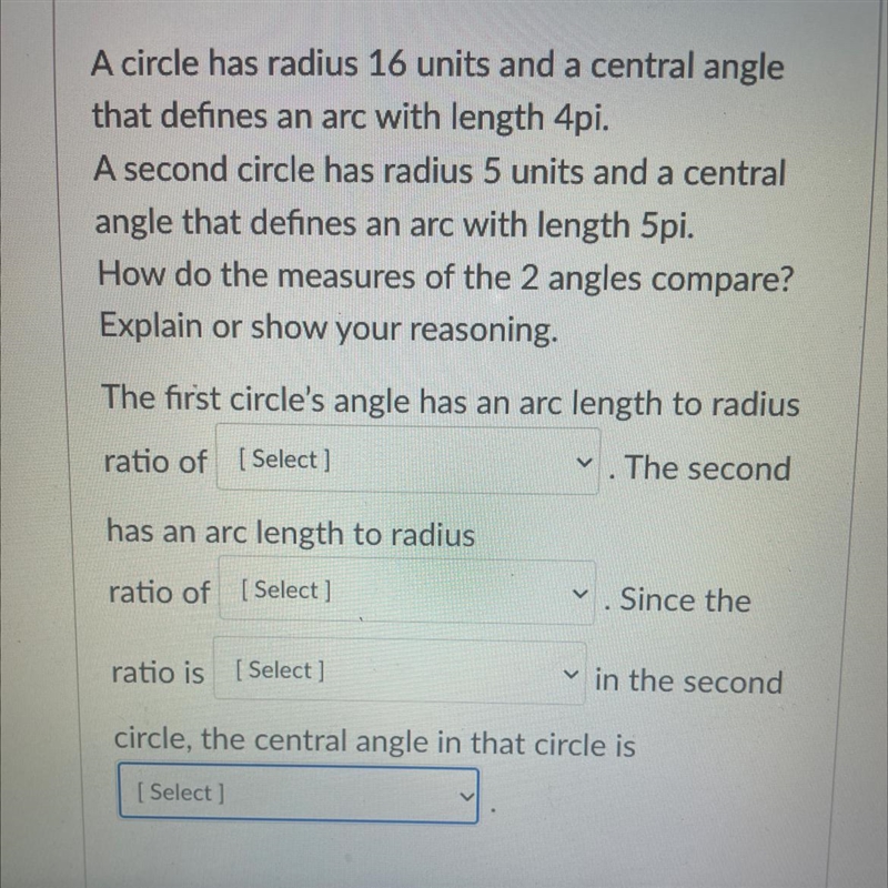 First drop down answer choices A. pi/4 B. pi/ 2 C. 4pi D. piSecond drop down answer-example-1