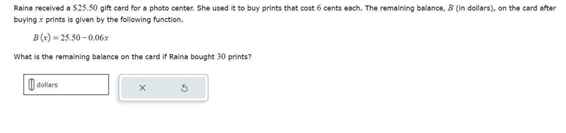 PLEASE HELP What is the remaining balance on the card if Raina bought 30 prints-example-1