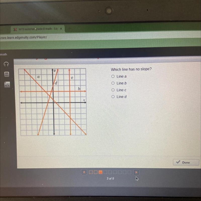 Which line has no slope? a O Line a O Line b O Line c O Line d-example-1