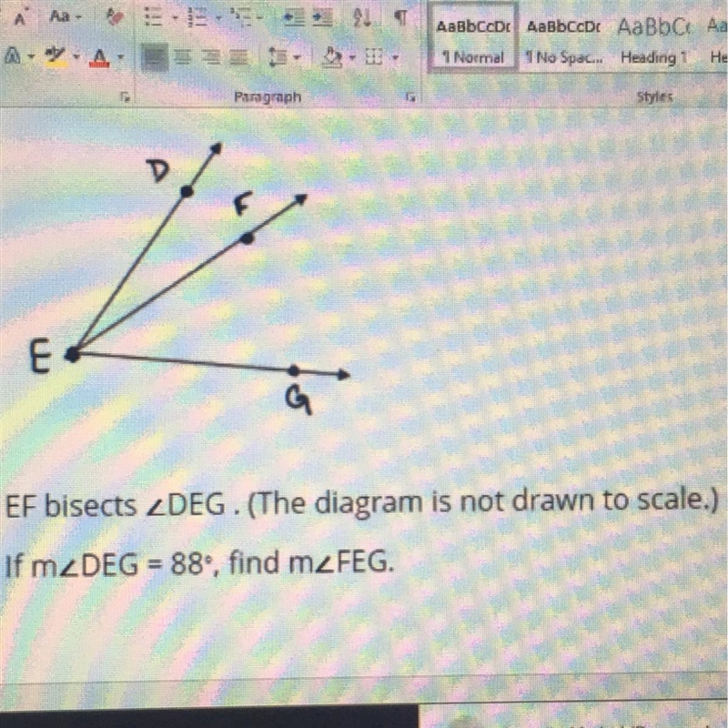 EF bisects zDEG. (The diagram is not drawn to scale.) If mzDEG=88, find mzFEG-example-1