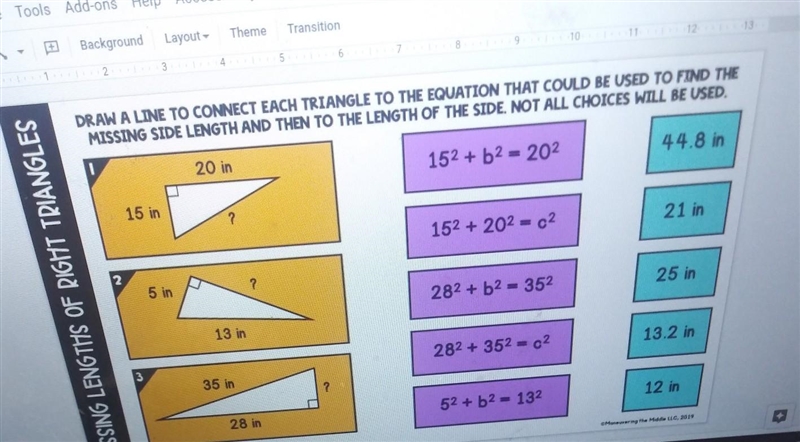 DRAW A LINE TO CONNECT EACH TRIANGLE TO THE EQUATION THAT COULD BE USED TO FIND THE-example-1