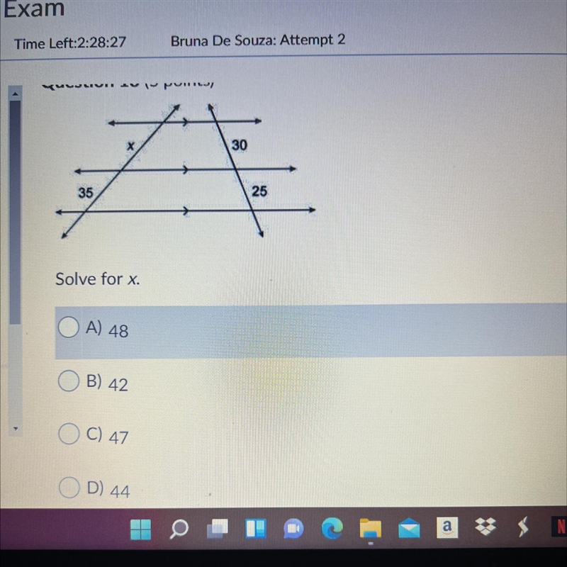 Solve for x . A) 48 B)42 C)47 D) 44-example-1