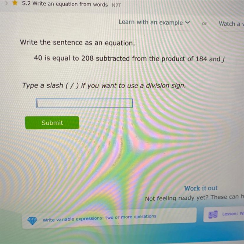 Write the sentence as an equation. 40 is equal to 208 subtracted from the product-example-1