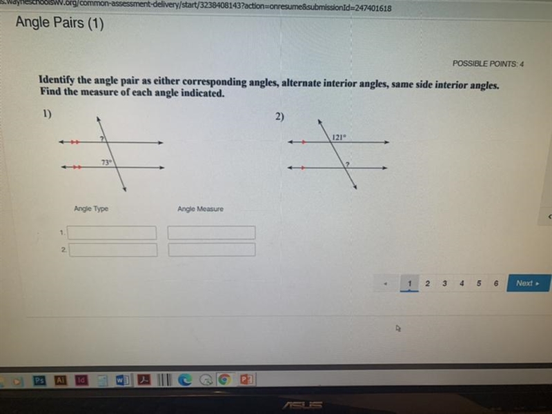 Identify the angle pair as either corresponding angles, alternate interior angles-example-1