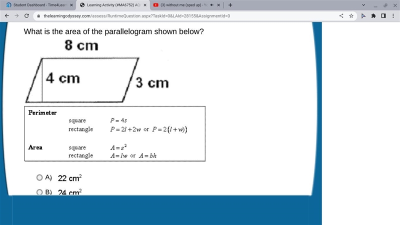 What is the area of the parallelogram shown below? A. B. C. D.-example-1