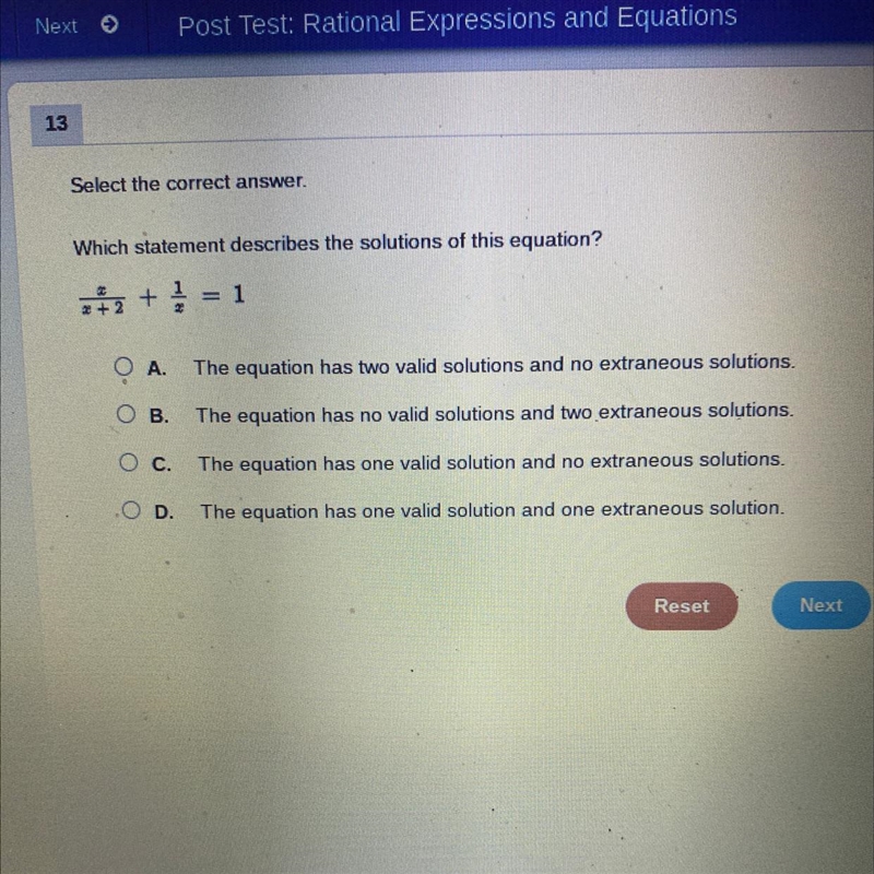 Which statement describes the solutions of this equation? ￼x/x+2 + 1/x = 1-example-1