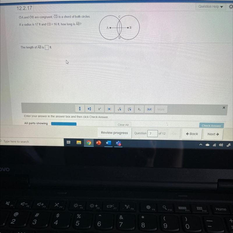 OA and OB are congruent. CD is a chord of both circles.2If a radius is 17 ft and CD-example-1