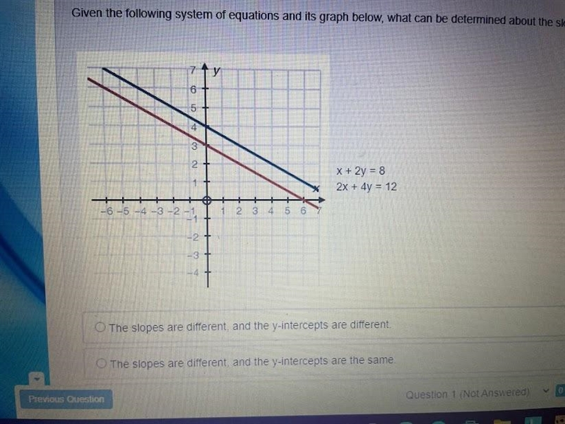 The slopes are different, and the y-intercepts are different. The slopes are different-example-1