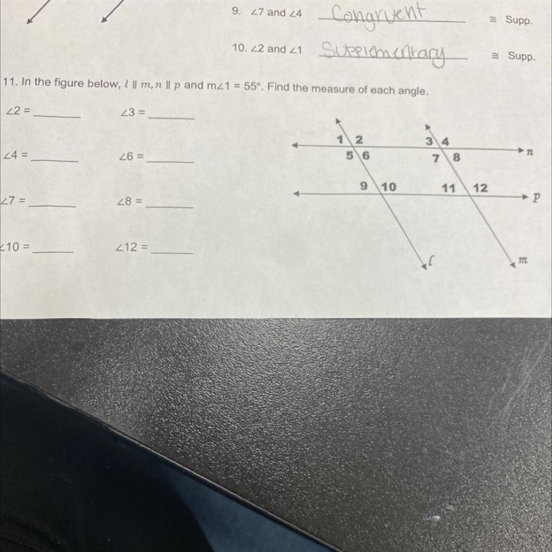 11. In the figure below, 2 || m, n llp and mz1 = 55°. Find the measure of each angle-example-1